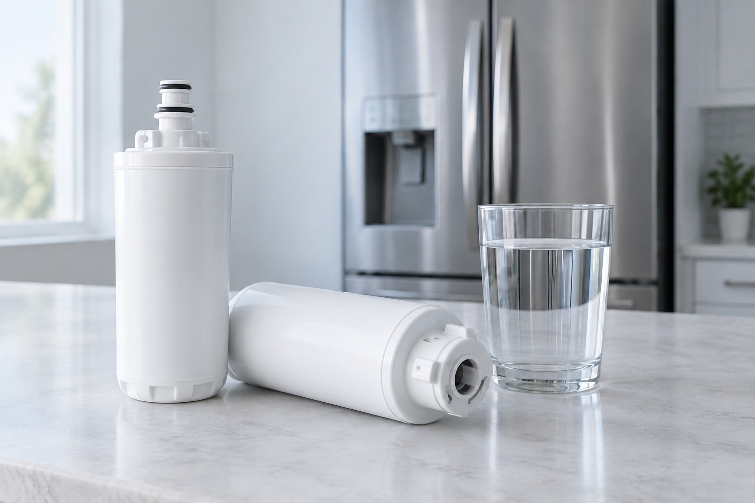 Illustration of two unbranded refrigerator water-filter cartridges beside a glass of water